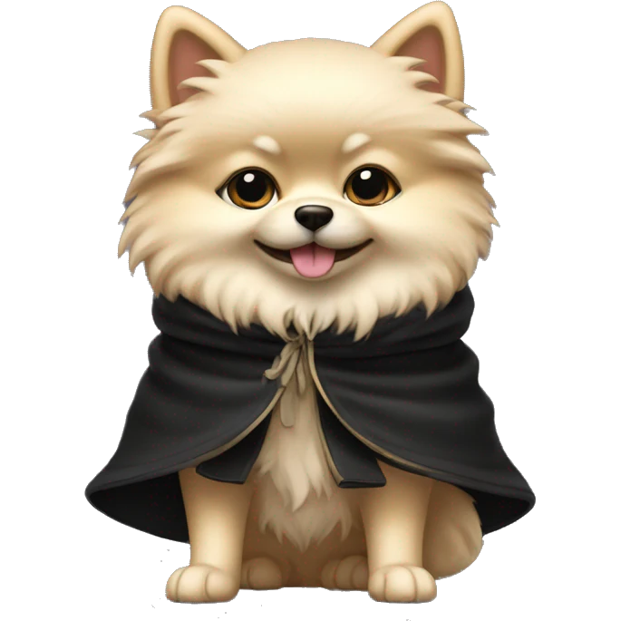 Cream Spitz stands on its hind legs in boots and in a black robe  emoji