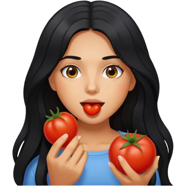 Pretty tanned girl with long black hair, eating tomatoes emoji