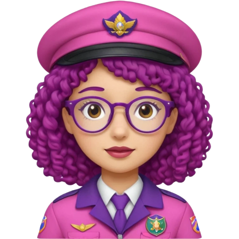 scout girl with very pink scout uniform including hat, dark purple curly haired and glassess emoji
