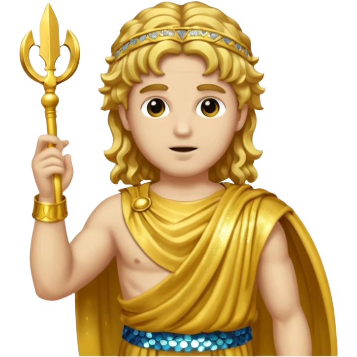 Mercury from Roman Deities with long gold wavy hair, gold sequin toga emoji