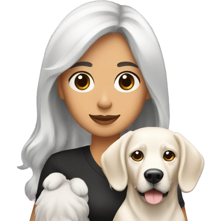 Mujer blanca de pelo crespo y negro con un perro labrador negro emoji