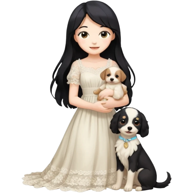 Pastel anime lady long hair with long lace dress full body holding puppy emoji