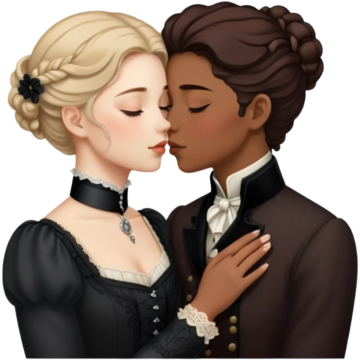 Victorian era lesbian couple kissing tenderly, eyes closed, different hair colors, wearing elegant dark period clothing emoji