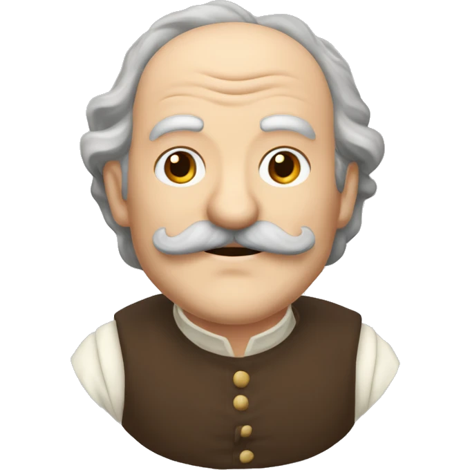 Short pudgy old man over enthusiastic happy excited face bald forehead long wavy gray and brown brunette long wavy hair moustache Shakespearean dress vintage clothes hamlet small arms emoji