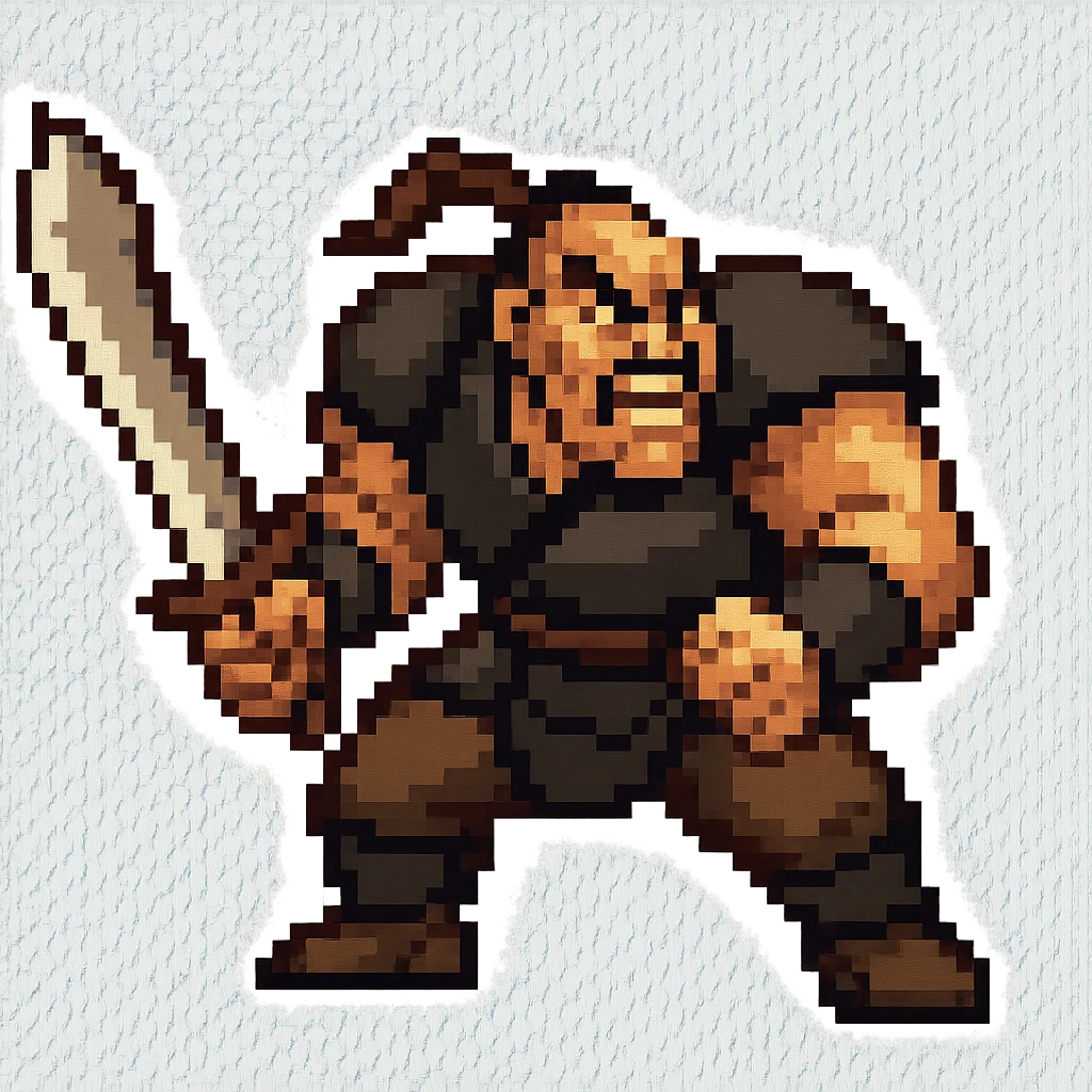 Show Shan Yu in a dynamic battle stance, full body, holding a weapon, looking seriously pissed off, transparent background, in the style of pixel art emoji