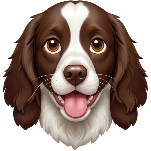 Cinematic Comical Springer Spaniel Portrait Emoji, Head tilted dramatically with an exaggeratedly amused expression, featuring a striking liver and white Fur with dynamic patterns, wide, expressive brown eyes filled with playful disbelief, Simplified yet hilariously expressive features, highly detailed, glowing with a slightly sassy glow, high shine, dramatic yet playful, stylized with an air of cheeky mischief, bright and endearing, soft glowing outline, capturing the essence of a spirited and over-the-top companion, so meme-worthy it feels like it could side-eye its way into internet fame instantly! emoji