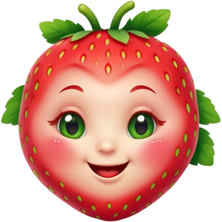 Cinematic plump happy strawberry, glossy bright red, tiny round eyes and blushing cheeks, green leafy top slightly tilted, cheerful and charming. emoji