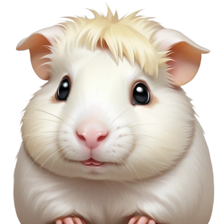 Cinematic Cute White Guinea Pig Portrait Emoji, Head tilted playfully and inquisitively, showcasing a silky, immaculate white coat with a natural glow, round, sparkling dark eyes filled with curiosity, Simplified yet irresistibly adorable features, highly detailed, glowing with a warm, friendly light, high shine, affectionate and lively, stylized with a touch of whimsy, bright and endearing, soft glowing outline, capturing the essence of a mischievous yet loving guinea pig, so playful it feels like it could nuzzle out of the screen and into your arms! emoji
