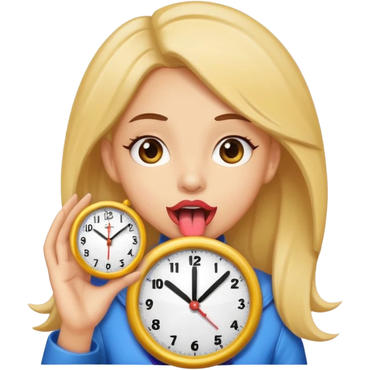 Light skin girl with her tongue out holding a clock emoji