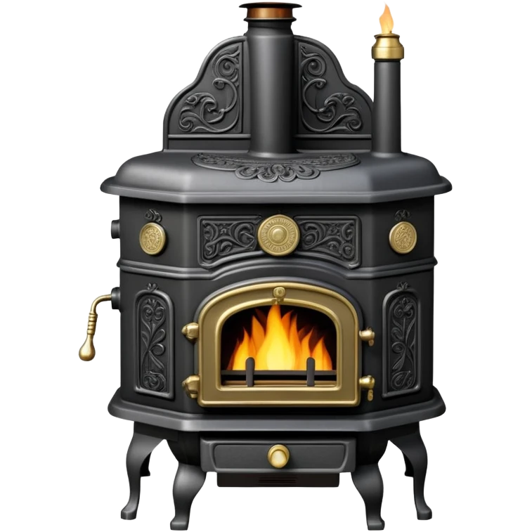 An antique cast iron coal stove from the 1900s with ornate details, small fire visible inside, black metal with brass accents emoji