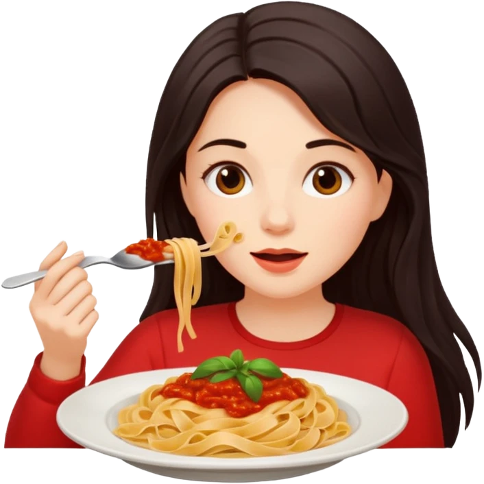chica joven con piel clara y pelo oscuro largo comiendo un plato de pasta emoji