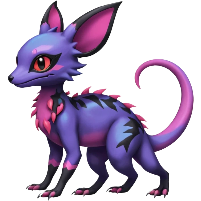 Rare epic aesthetic colorful Salandit-Noibat-Eevee-Genet-species-Fakemon-hybrid-creature, with markings, full body emoji