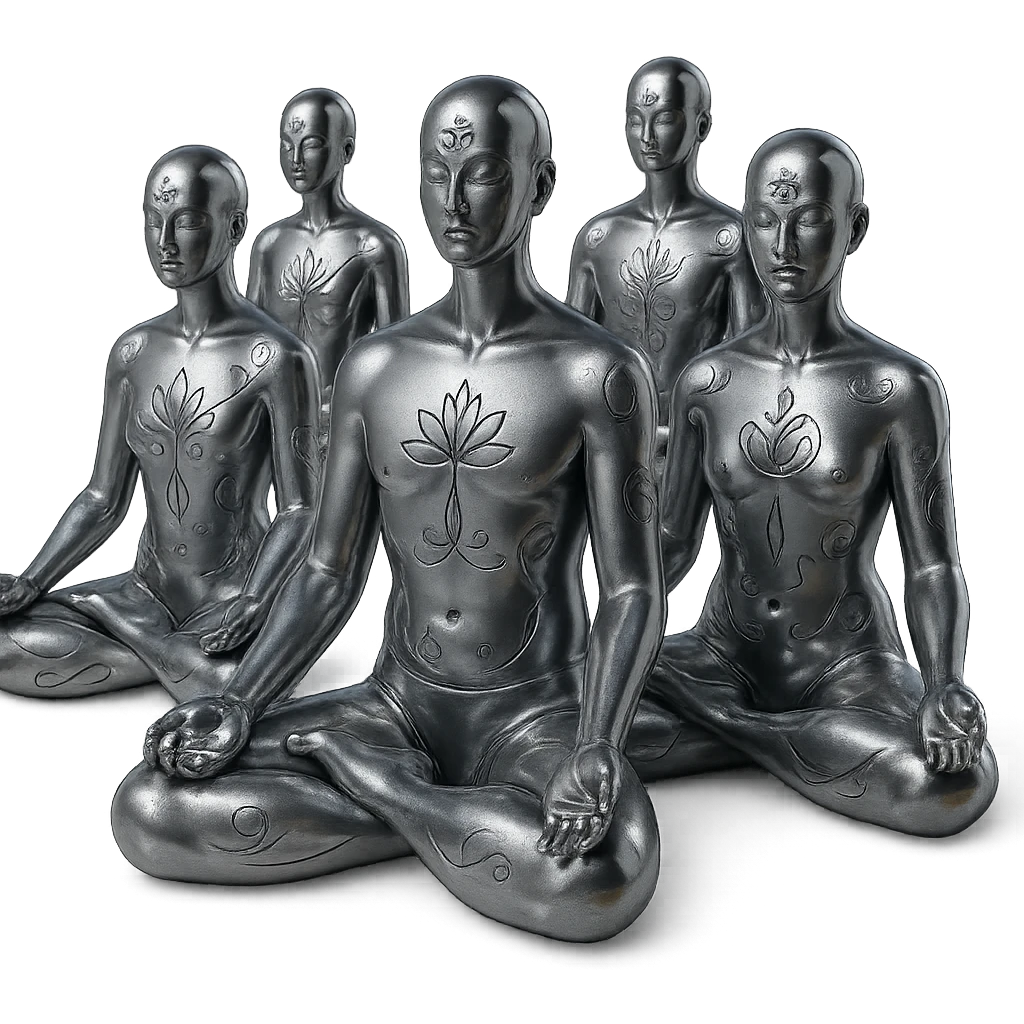a group of reflective chrome silhouettes, men and women, in the lotus position meditating emoji