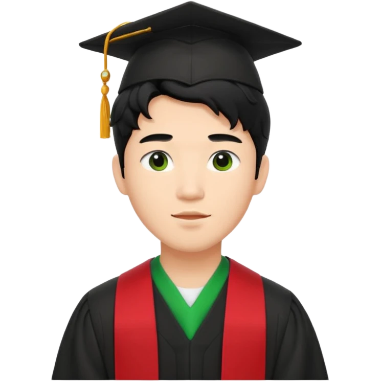 College Graduate asian black hair with wavy hair long  with black red stash with green benilde on the middle emoji