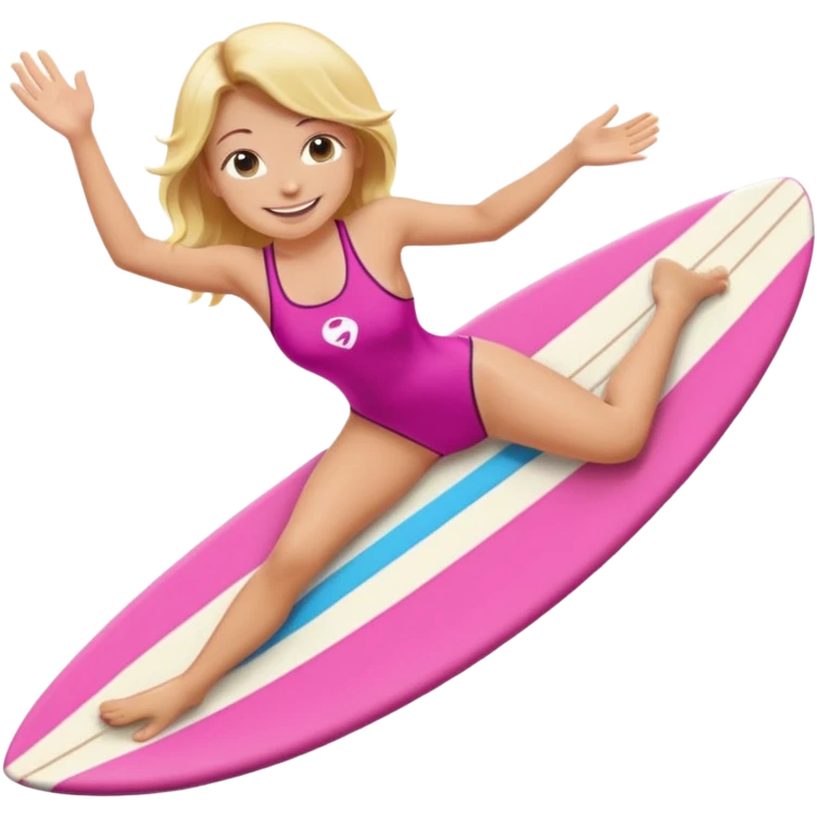 surf girl on a board in a pink one-piece swimsuit, smiling, simple emoji style emoji