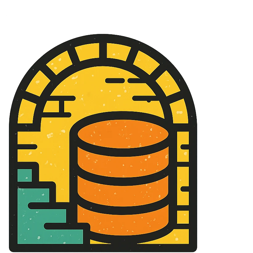 minimalist icon of a database cylinder (disk) in a basement or underground setting with simple stairs, arch, or brickwork, worn distressed effect emoji