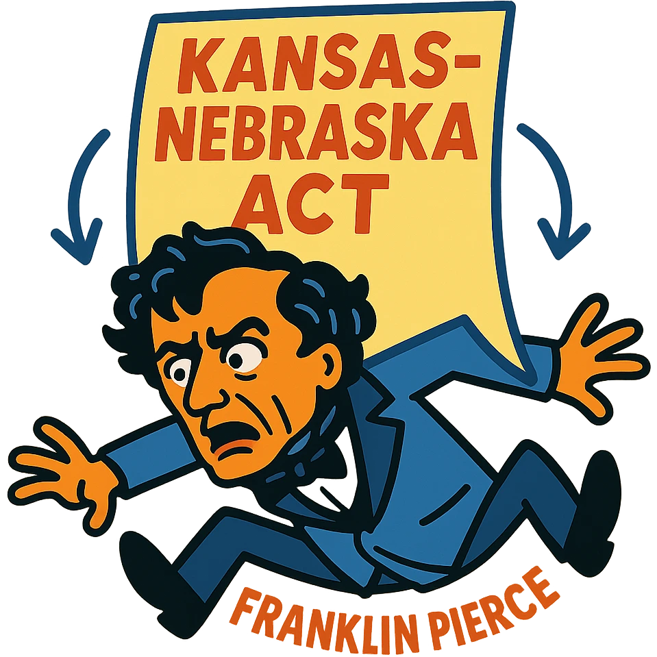 Kansas-Nebraska Act as a vibrant toon document squishing Franklin Pierce emoji