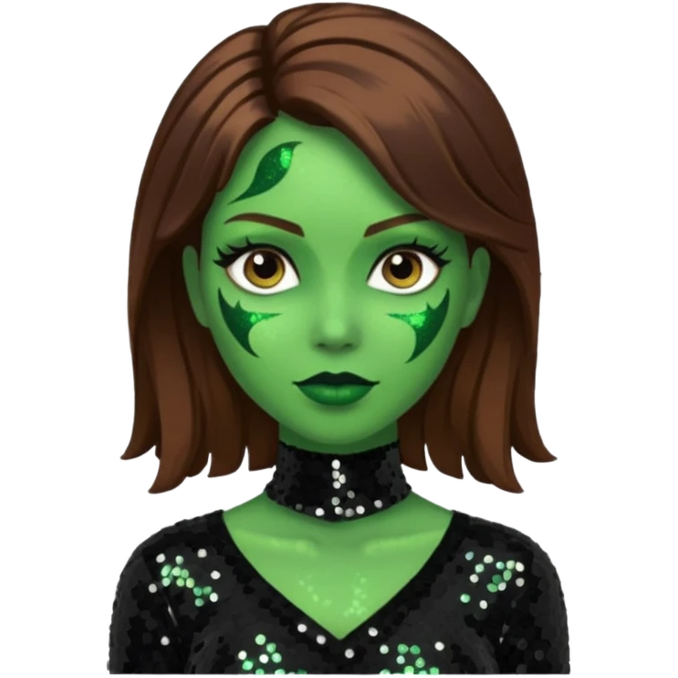 The Wicked Witch from Oz with green skin, brown hair, black sequin outfit emoji