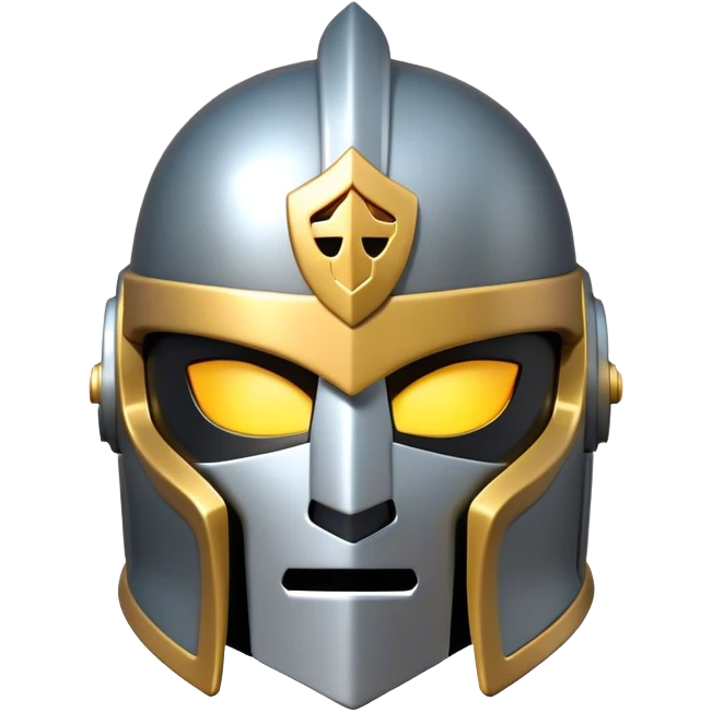 Clash of Clans aesthetic: Cinematic heroic Steel full face Helm Emoji, rendered in a 3D vector-style similar to standard emojis with minimal shading and bold, simplified shapes. A compact, isometric helmet crafted of shining steel with intricate engravings and a protective visor, softly glowing with a noble warrior charm. Simplified yet unmistakably iconic, highly detailed and consistent, glowing with a soft radiant gleam and high polish. Stylized with a touch of chivalric tradition and a soft glowing outline, capturing the essence of a stalwart battle helm with a friendly, playful manner! emoji