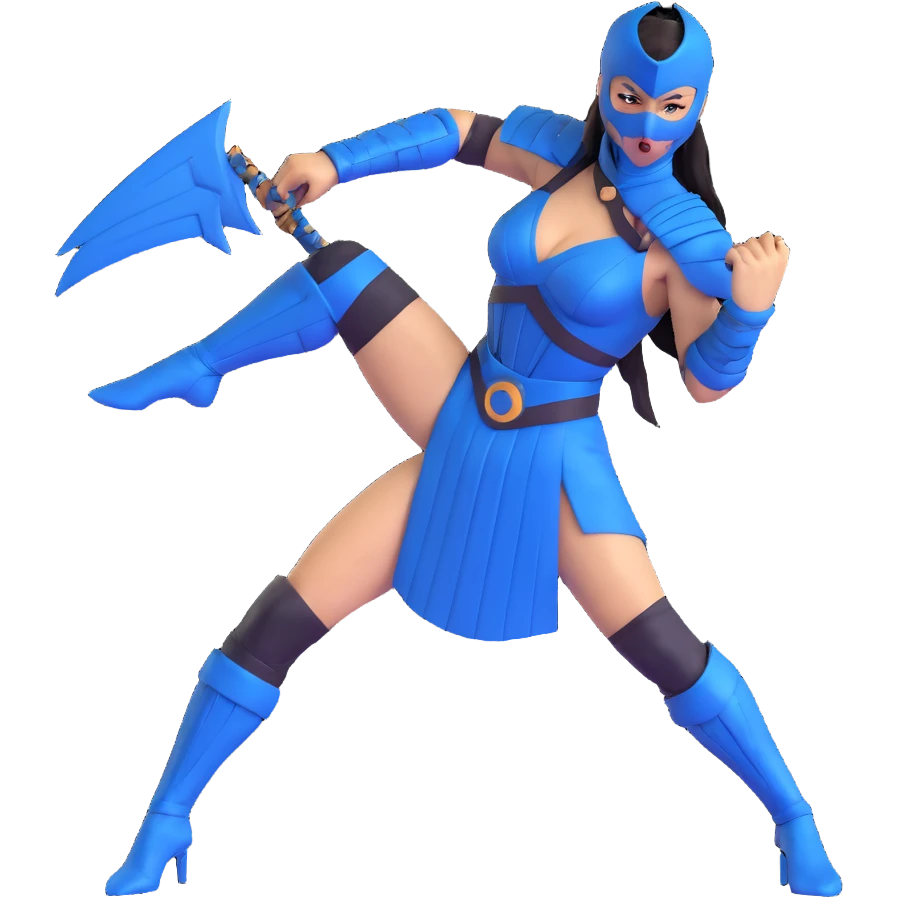 Kitana from Mortal Kombat 3, blue warrior with mask and fans, combat pose, 3D emoji style emoji