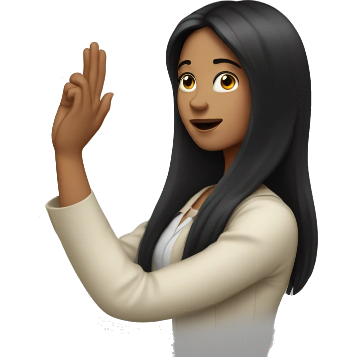 a woman with long black hair with one hand raised up high emoji