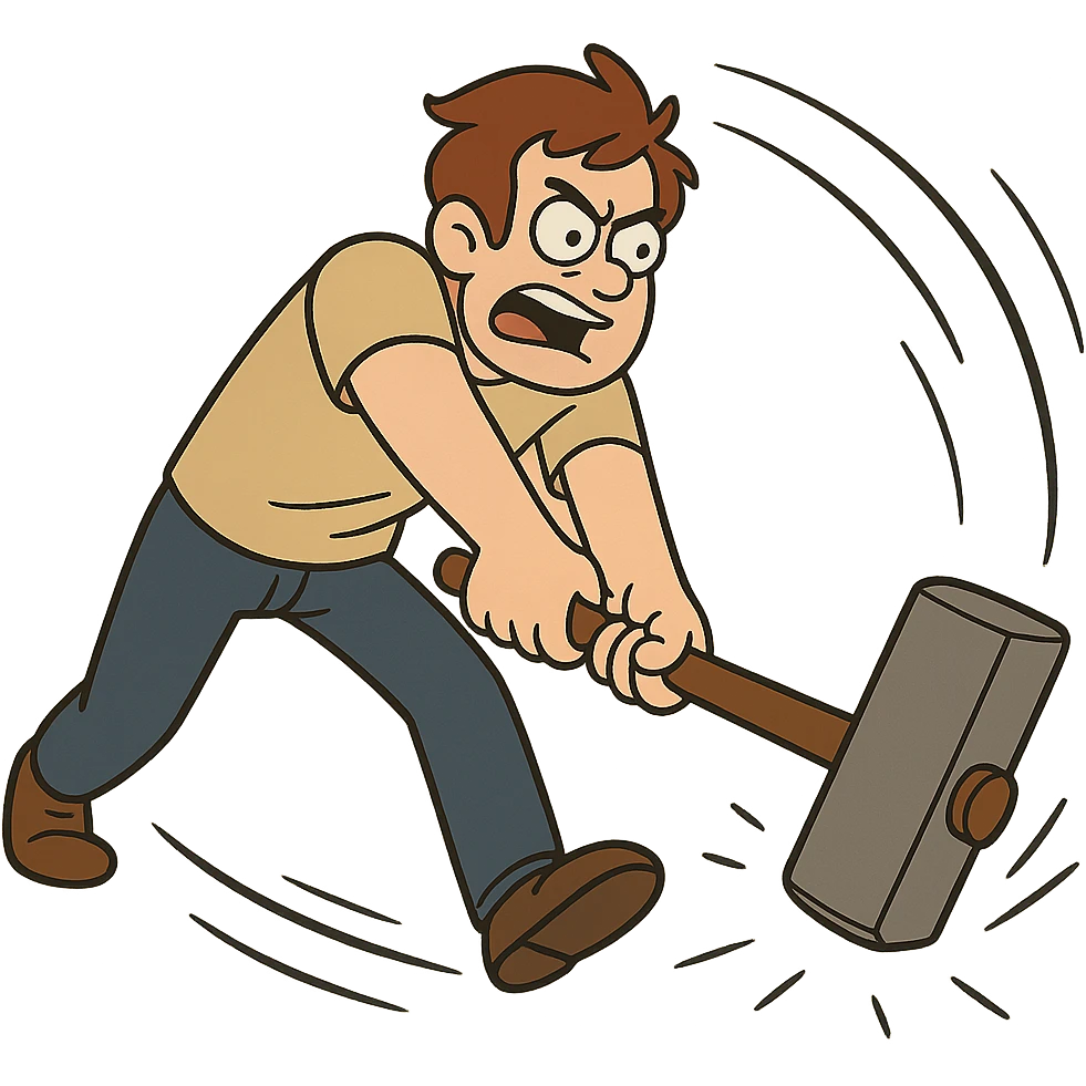 a character swinging a sledgehammer forward, dynamic action pose, energetic cartoon style, motion lines emoji