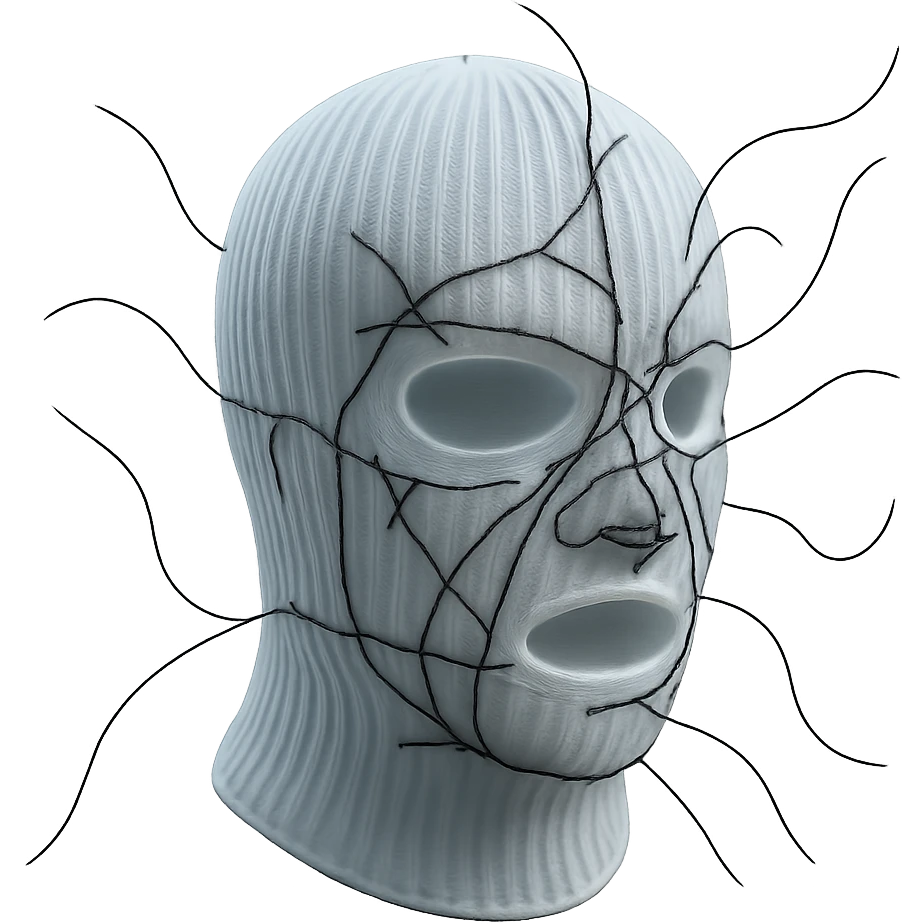 The mask is a full-head, white knitted balaclava with a tight ribbed texture. It features two asymmetrical eye openings and a partially exposed mouth area. Black thread is stitched across the surface in chaotic, abstract lines that trace facial features, giving a hand-drawn effect. Several black cords extend outward from the mask, varying in length and direction, adding a sculptural, almost organic appearance. The overall look is bold, handcrafted, and visually striking. emoji