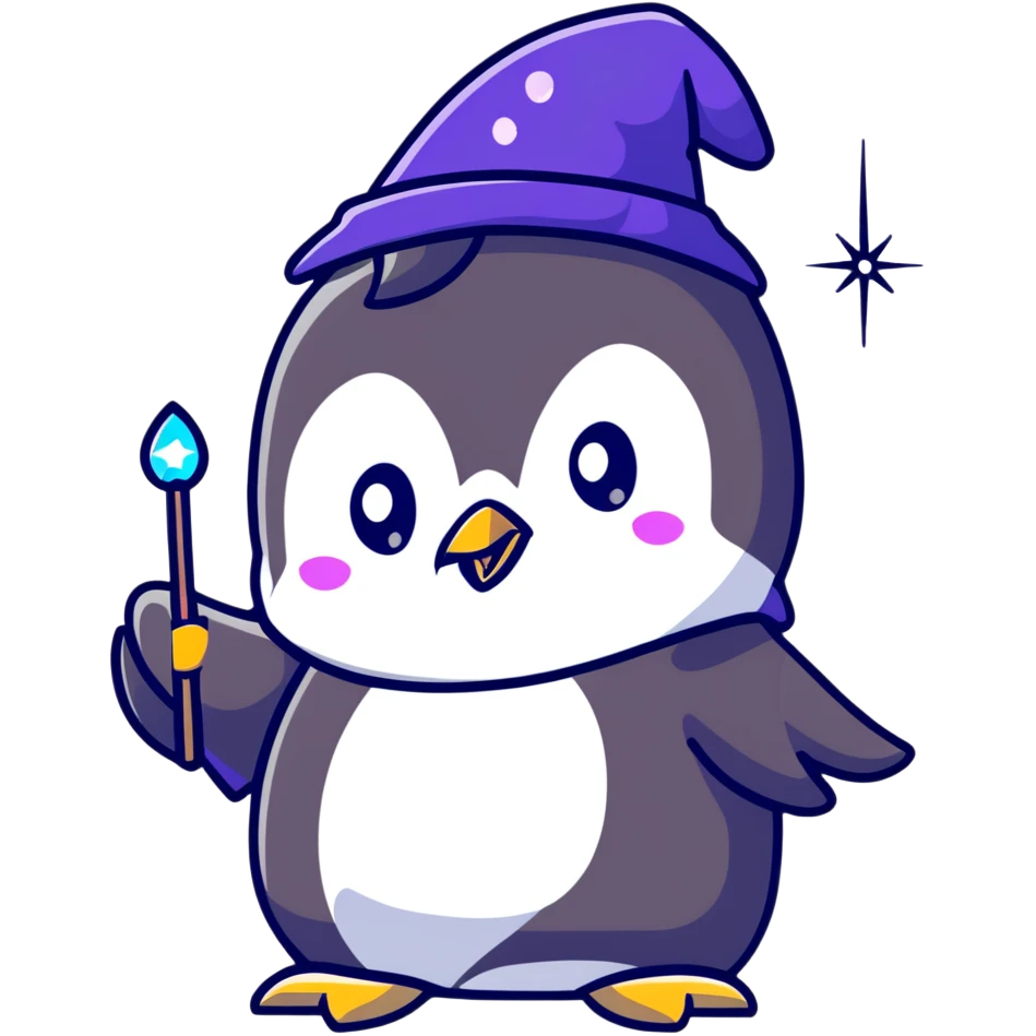 cute penguin wizard casting a spell with sparkles emoji