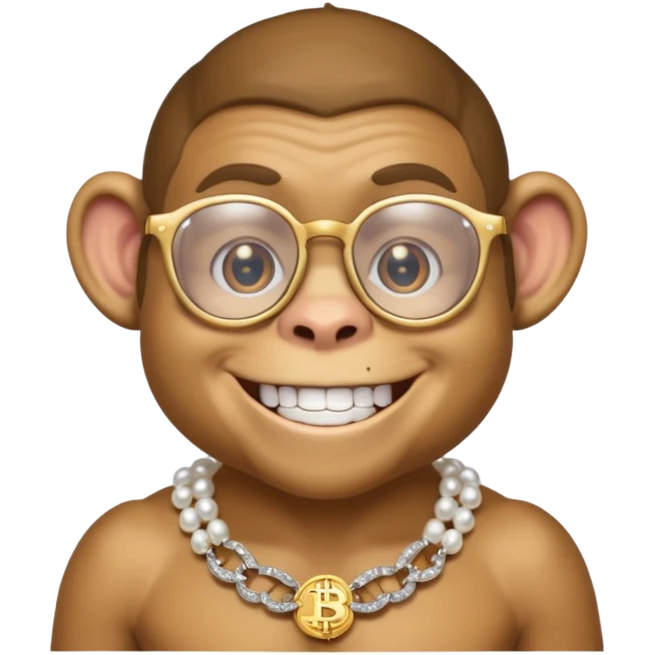 rich monkey with glasses smiling with diamond grillz and a bitcoin golden chain with diamond pearls emoji