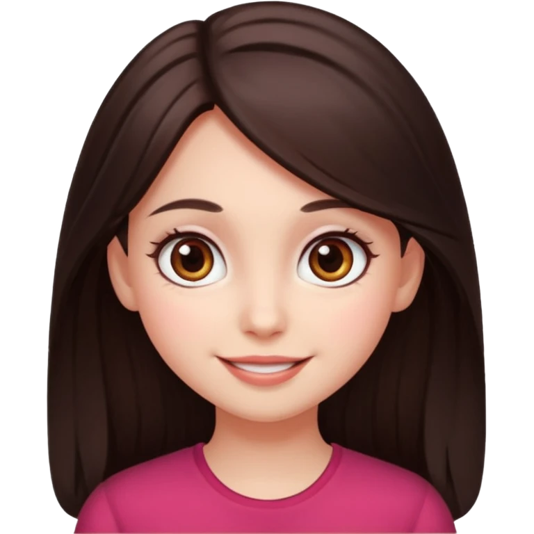 An emoji featuring a girl with dark brown long hair, brown big eyes, light pinkish skin, red cheeks,  emoji