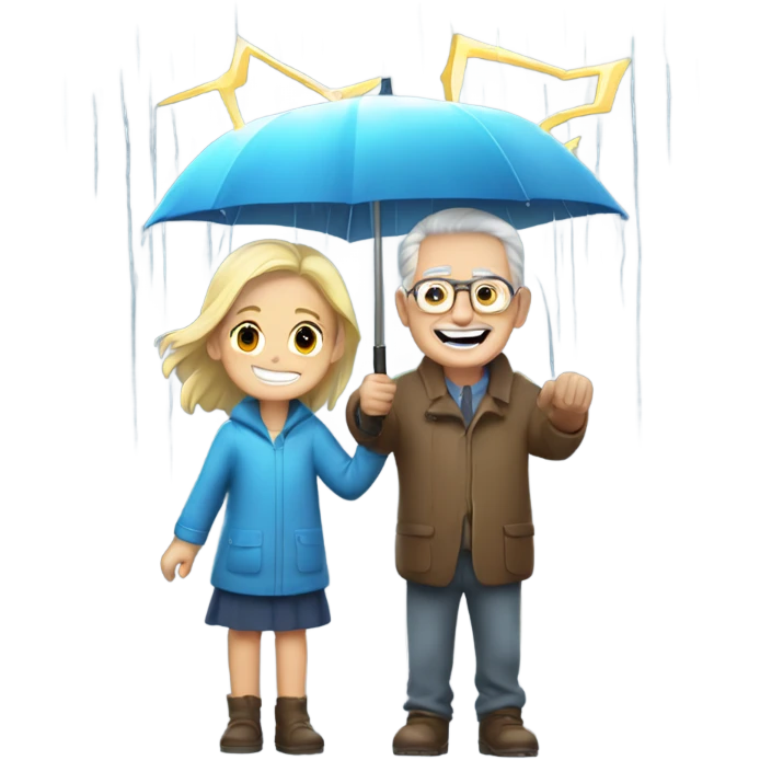happy girl and old man in the rain with lightning emoji