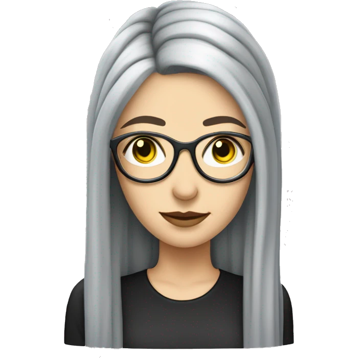 Attractive Caucasian woman with long straight grey hair worn in a braid, wearing wire frame glasses, looks goth emoji
