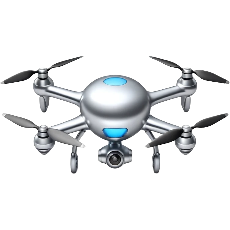 A futuristic drone emoji made of polished silver chrome, smooth rounded body, minimal propellers, reflective metallic surface, soft studio lighting, iOS emoji style, centered, clean white background emoji