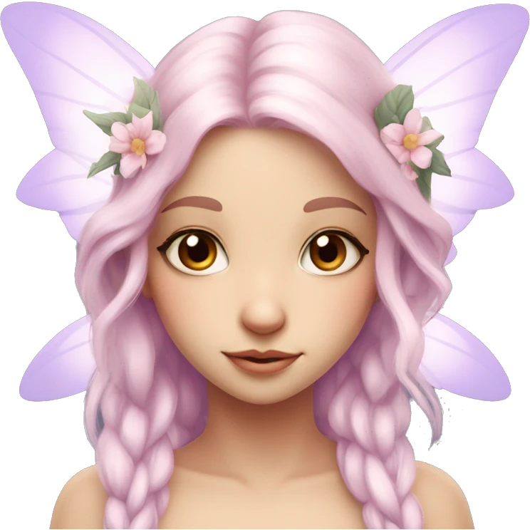 Beautiful, flower fairy, white long, light pink hair, big wings, fair skin, light violet eyes  emoji
