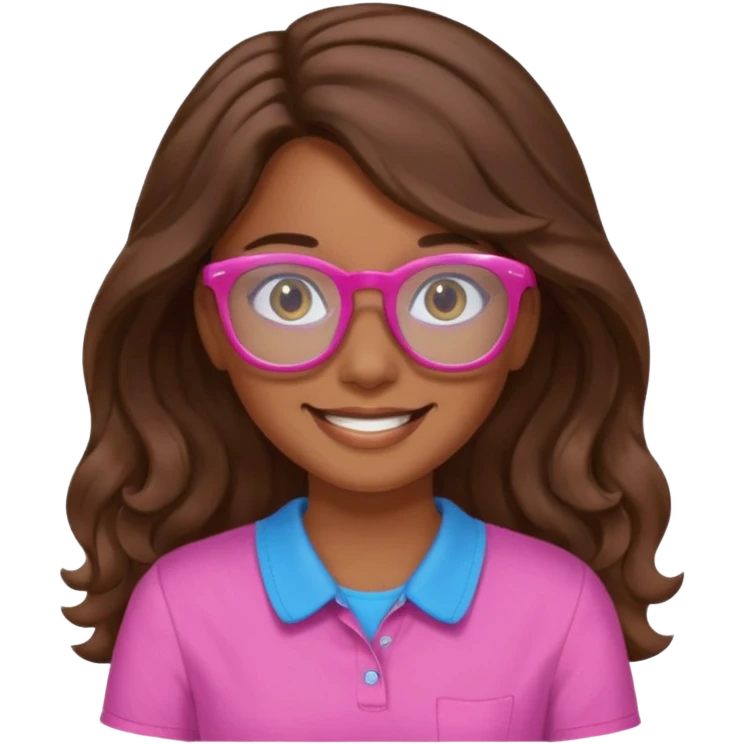 Una chica color de piel sea morena ligado con blanco ojos cafés una sonrisa 🙂 cabello largo ondulado y café camisa de color rosa y lentes de ver azules  emoji