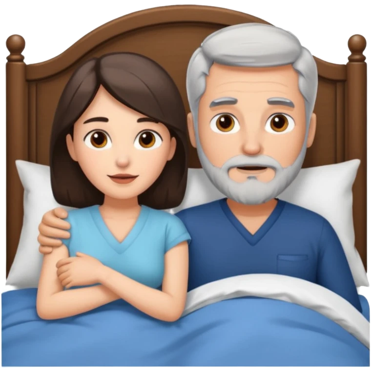 Grey haired man with beard, and brunette woman in bed  emoji