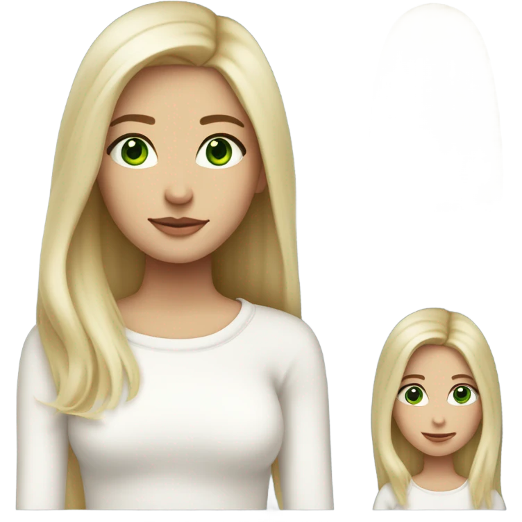 solo blonde skinny girl with green eyes, smooth skin, white sweater, long blow out hair, baddie, middle part emoji