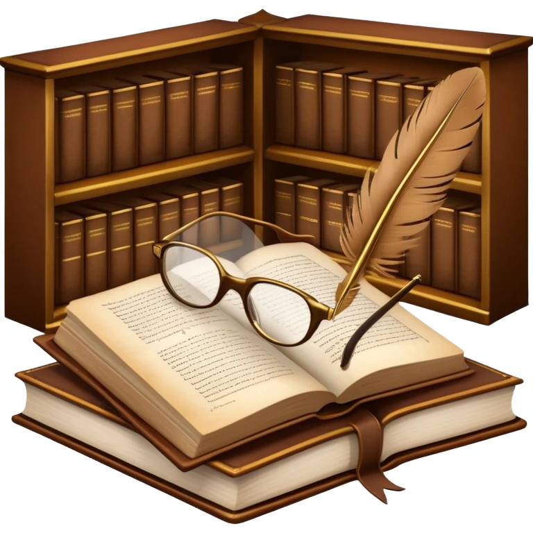 An icon featuring an open book with classic text, a feather quill, and reading glasses, symbolizing literary studies. The design includes old library shelves and vintage manuscripts in the background. Transparent background emphasizes the deep analysis of written works and literary history. emoji