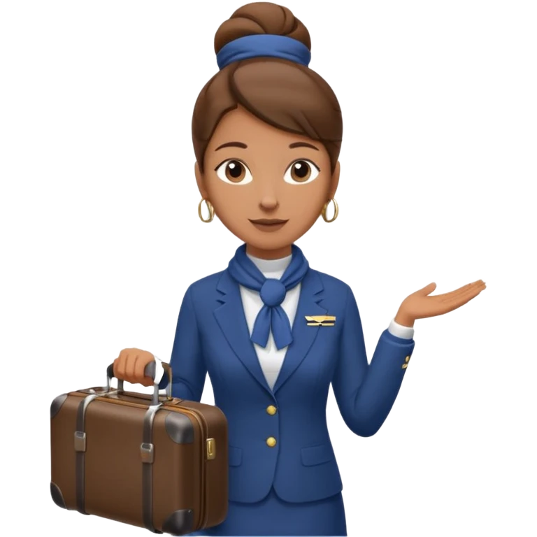 flight attendant, Light Brown skin, brown hair in single bun, neck scarf, suitcase emoji