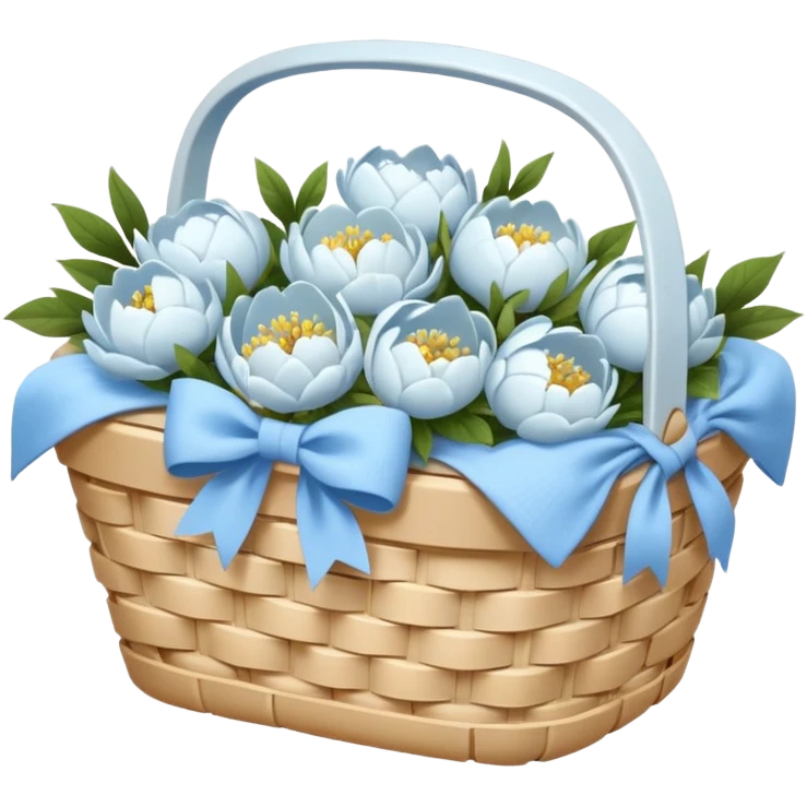 White Picnic basket with light blue bow and white peonies inside emoji