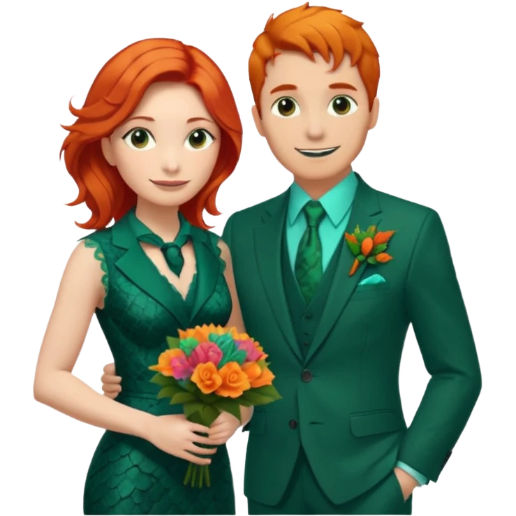  The man, with red hair and visible snake scales, wears a dark green suit with a green tie and an orange boutonnière. The woman, with blonde hair, wears a turquoise ballgown with lace details and holds a colorful tropical bouquet. They smile at each other.  emoji