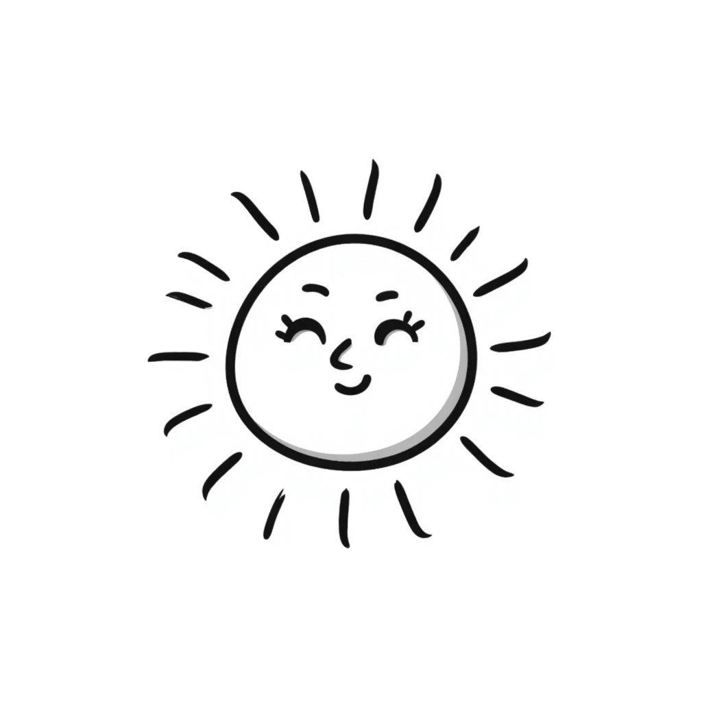 A hand-drawn doodle of a sun with a smiling face, in the style of Notion icons emoji