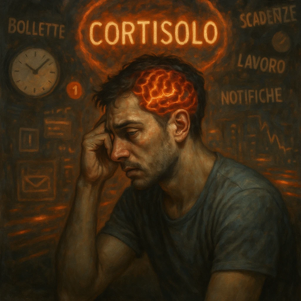 semi-realistic, symbolic surrealism, moody lighting; man around 30 years old with signs of chronic stress: tired eyes, tense muscles, curved posture; glowing floating symbols with the word 'Cortisolo' in Italian with orange-red aura; chaotic and blurred background with clocks, digital notifications, city traffic, financial charts, all with Italian words ('bollette', 'scadenze', 'lavoro', 'traffico', 'notifiche'); visible brain with neural activity in red and orange, detailed facial expression emoji
