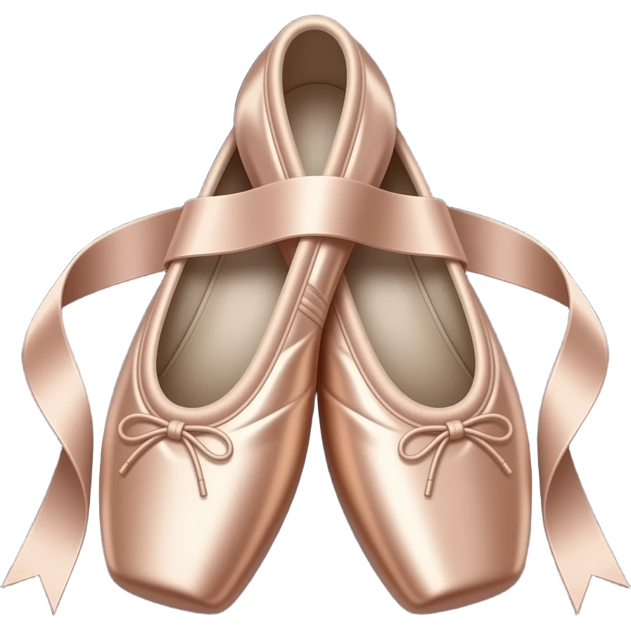 A pair of ballet point shoes, faded rose gold satin, appearing worn but pristine. Laces are matching silk. The setting is on a dark, obsidian-like marble background. Hyper-detailed emoji, moody lighting emoji