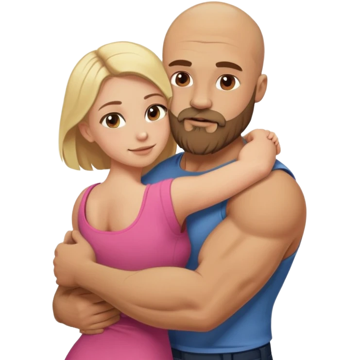 Muscular Bald man with a beard hugging his young dirty blonde wife emoji