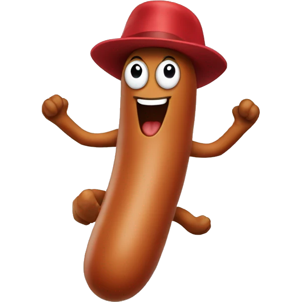 Jumping sausage with a hat that has beans on it emoji