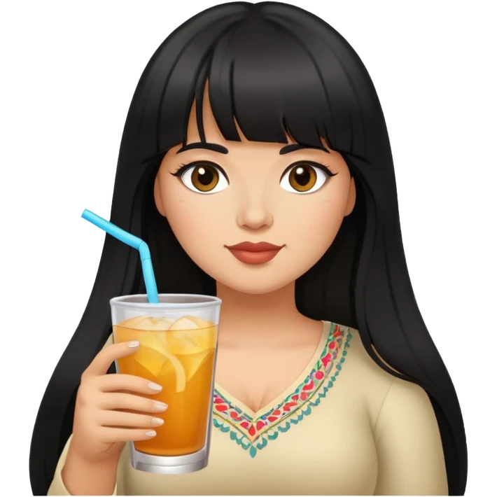 Latina girl with bangs black long hair plus size with drink emoji