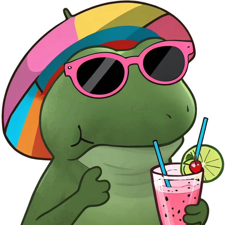 Bufo frog in a jumping pose, wearing a rainbow umbrella hat, round sunglasses, holding a pink cocktail, classic Bufo meme style emoji