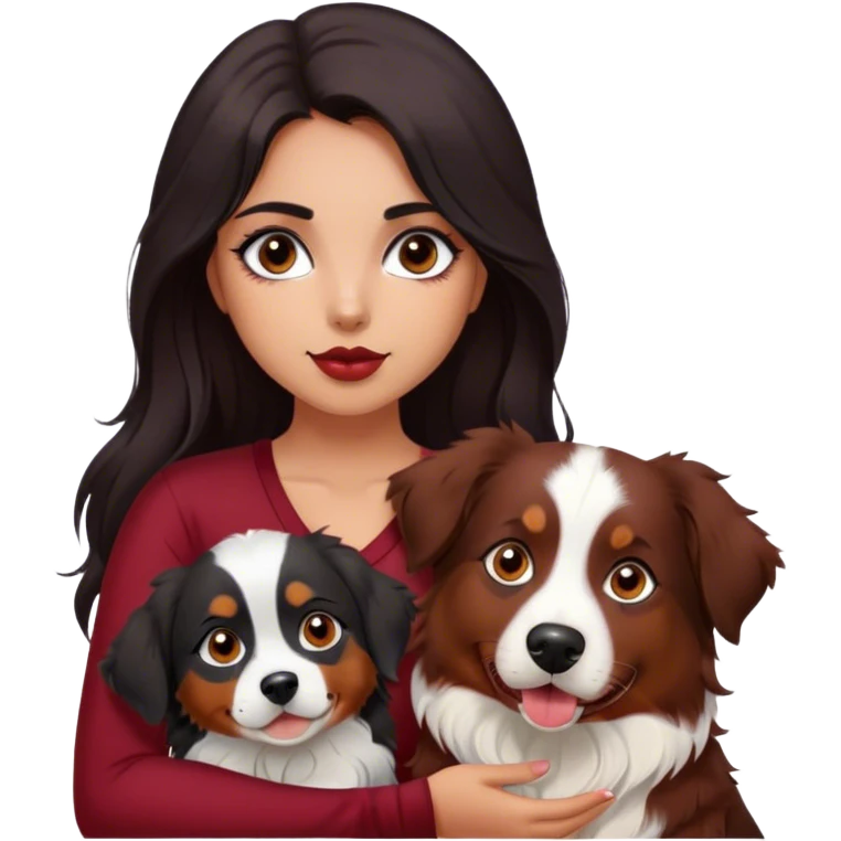 One latina girl with long beautiful dark hair and dark eyes in a dark red v neck and makeup with her dog which is a black brown and white tri colored  Australian shepherd large emoji