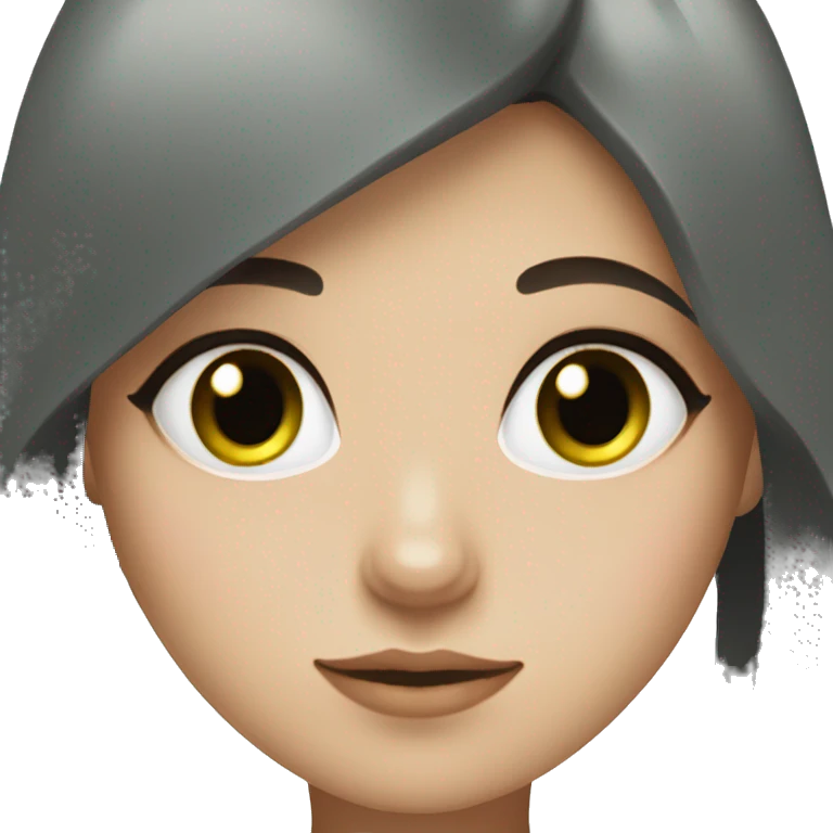 Girl with blu-green eyes and dark brown hair with a black cat emoji